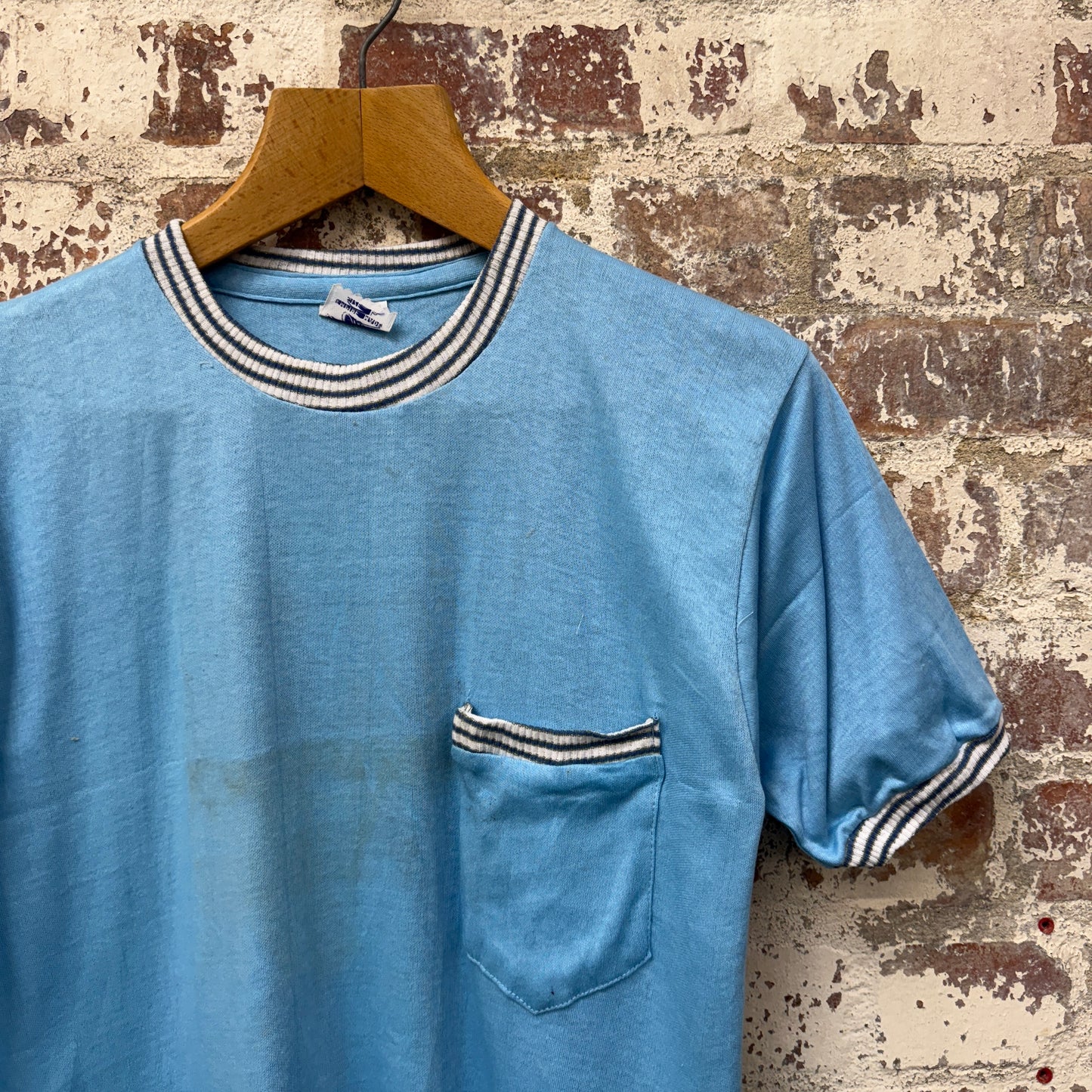 1970s Blue British Deadstock Pocket Crewneck T-Shirt