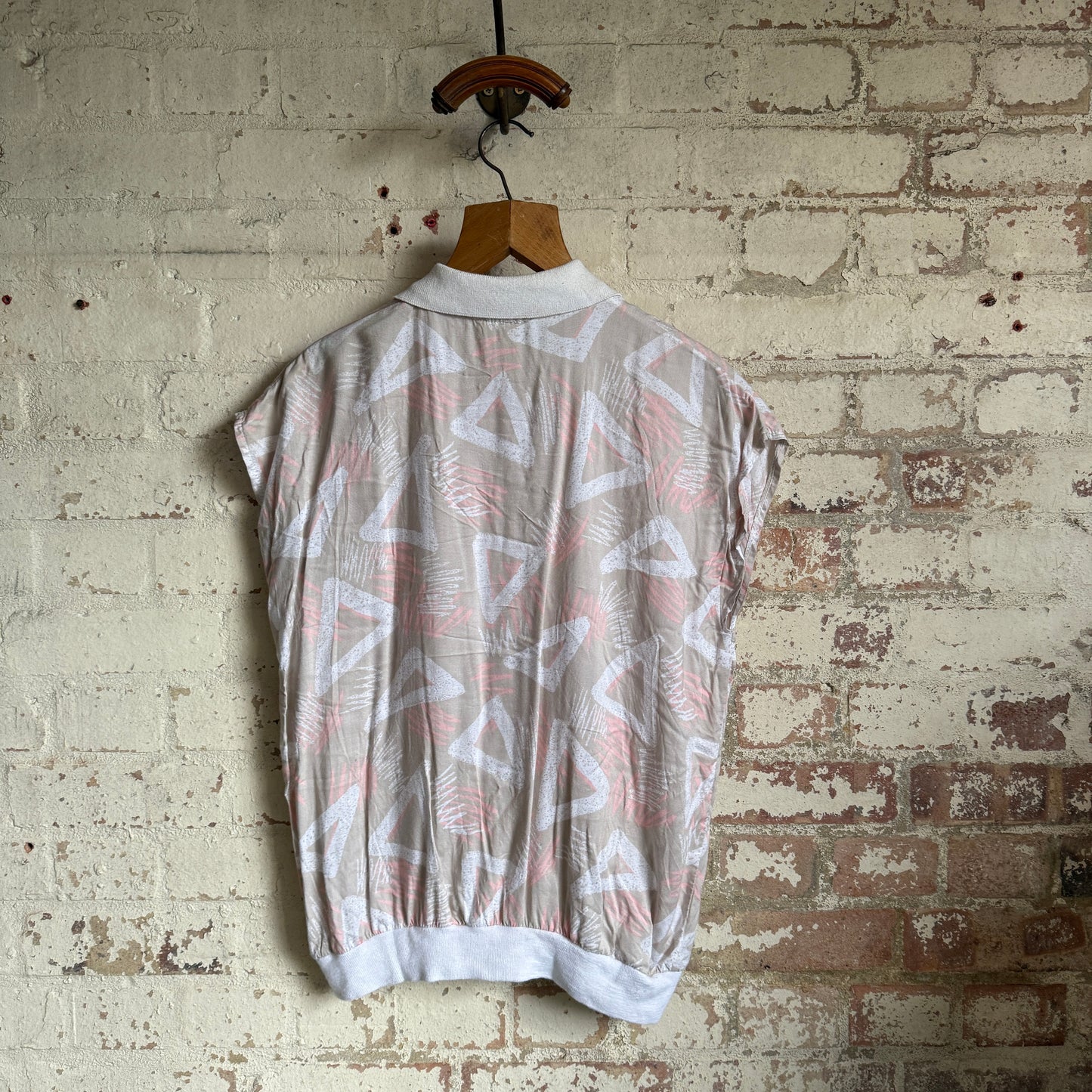 1980s Beige Zip Patterned Polo Shirt Top