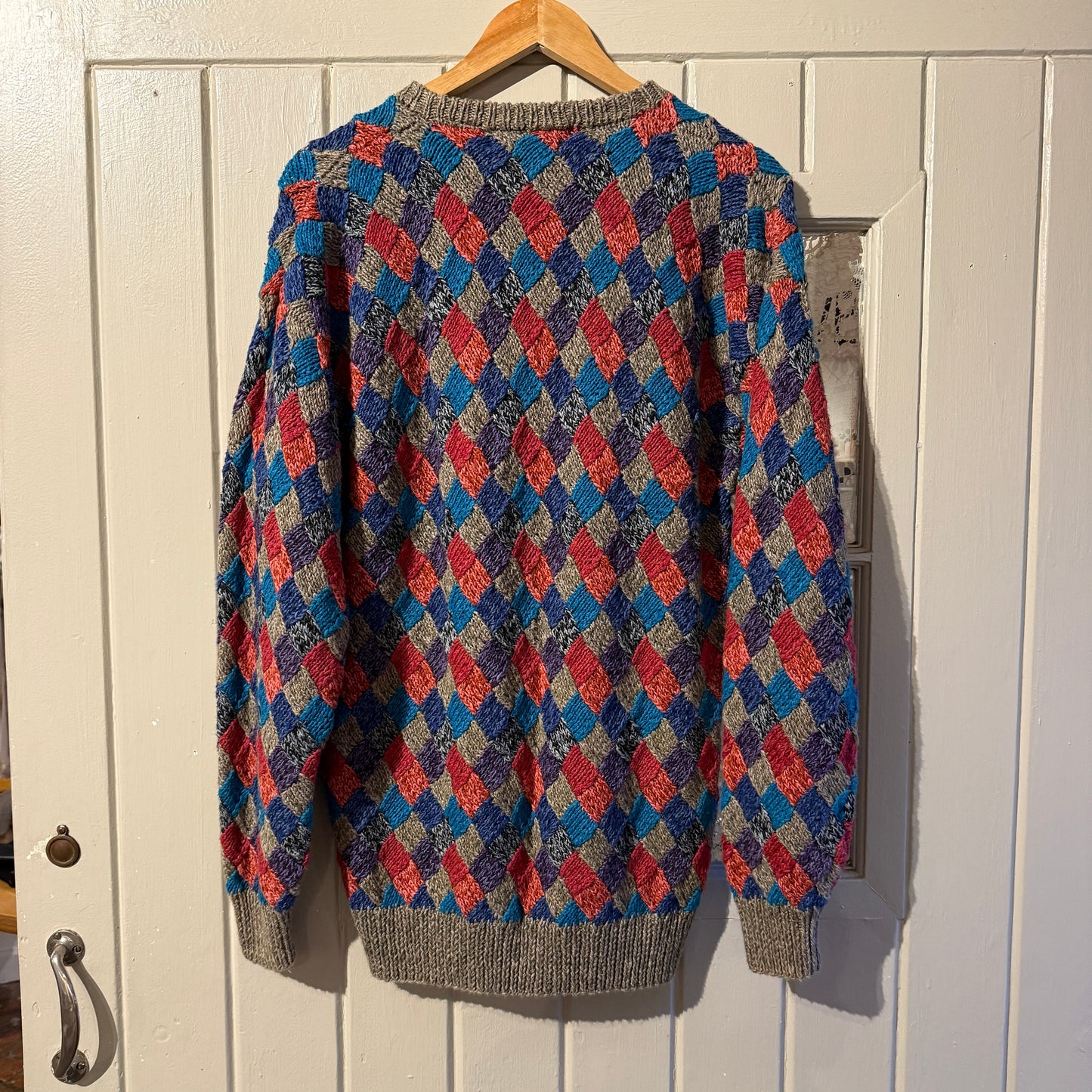 1980s Multicoloured Hand Knitted Checkered Jumper