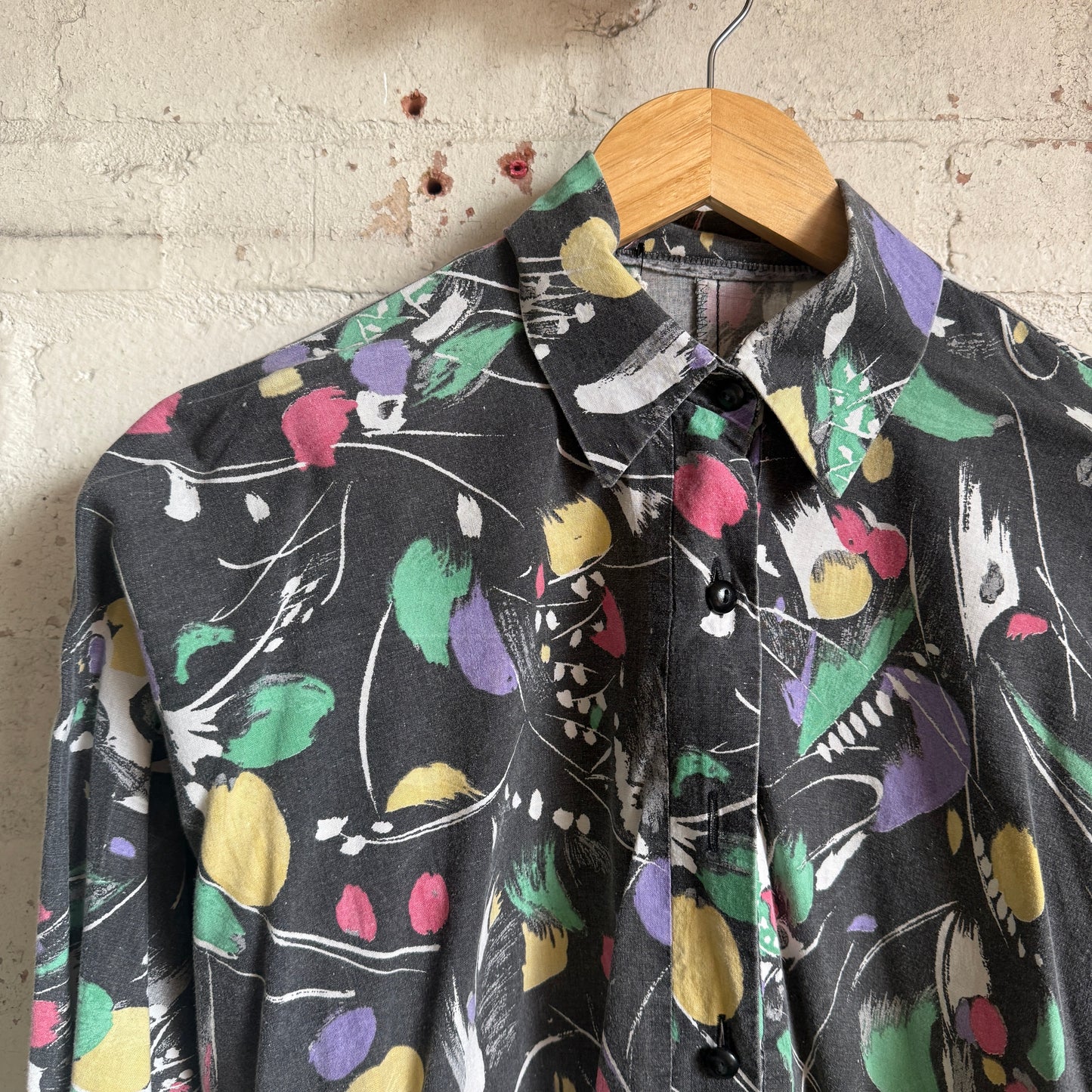 1980s Black Patterned Half Button Shirt
