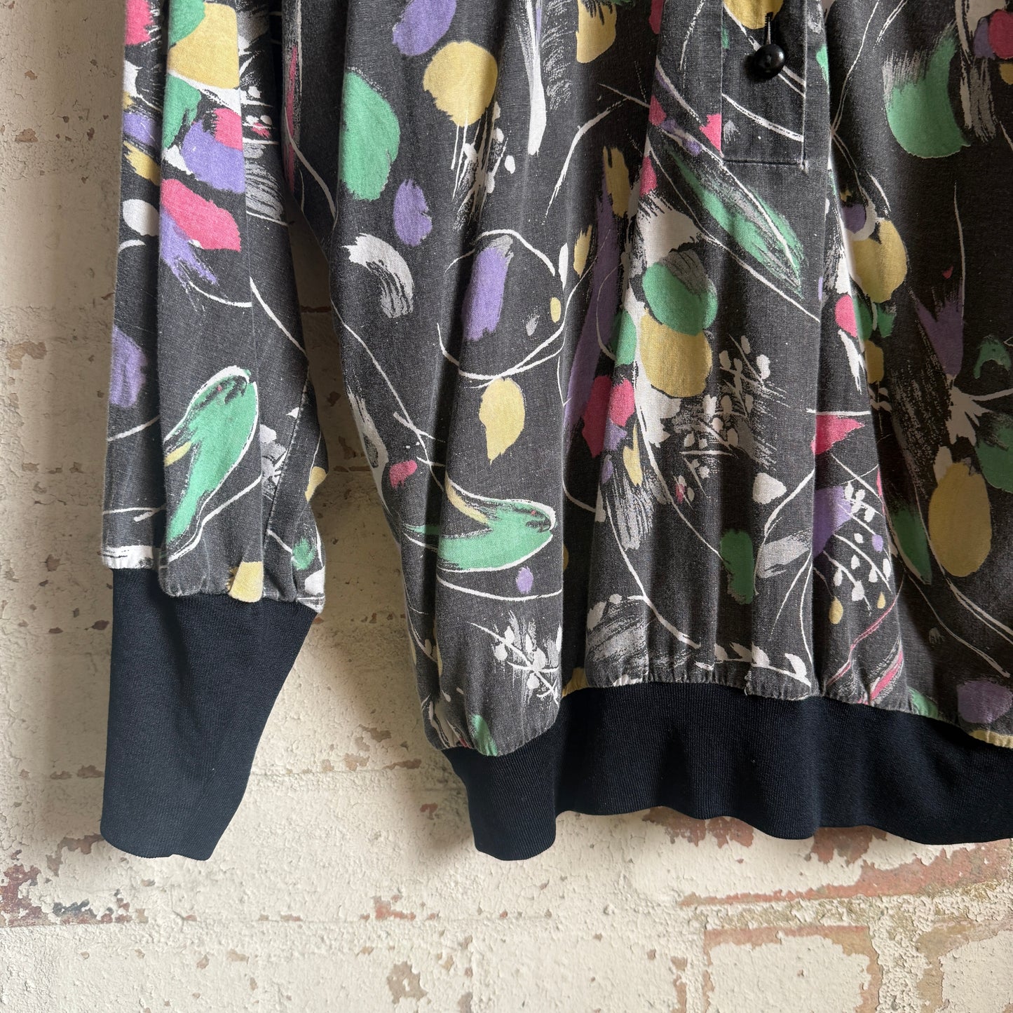 1980s Black Patterned Half Button Shirt