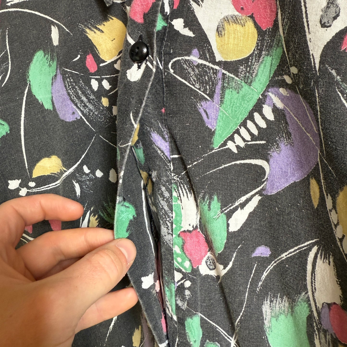 1980s Black Patterned Half Button Shirt