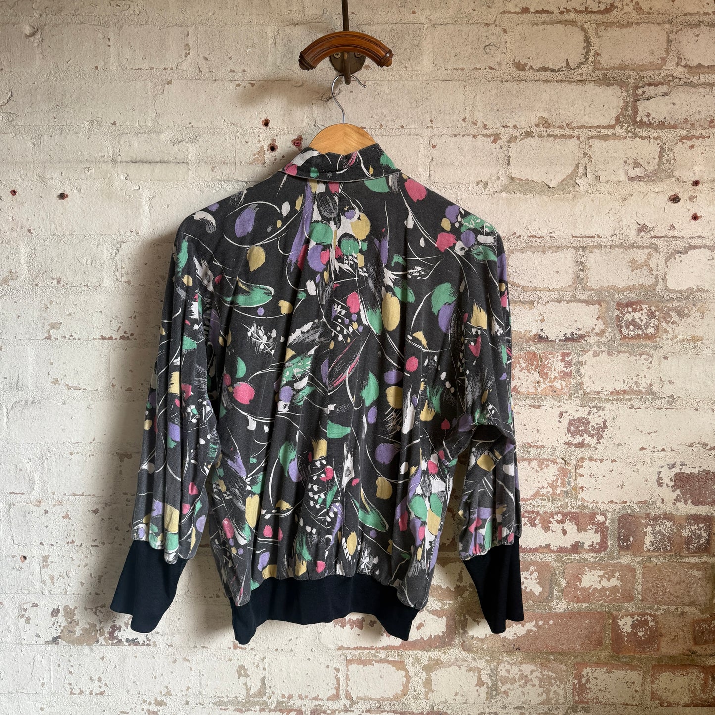 1980s Black Patterned Half Button Shirt