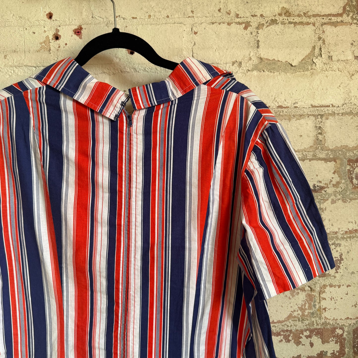1970s Red and Blue Striped Cotton Dress