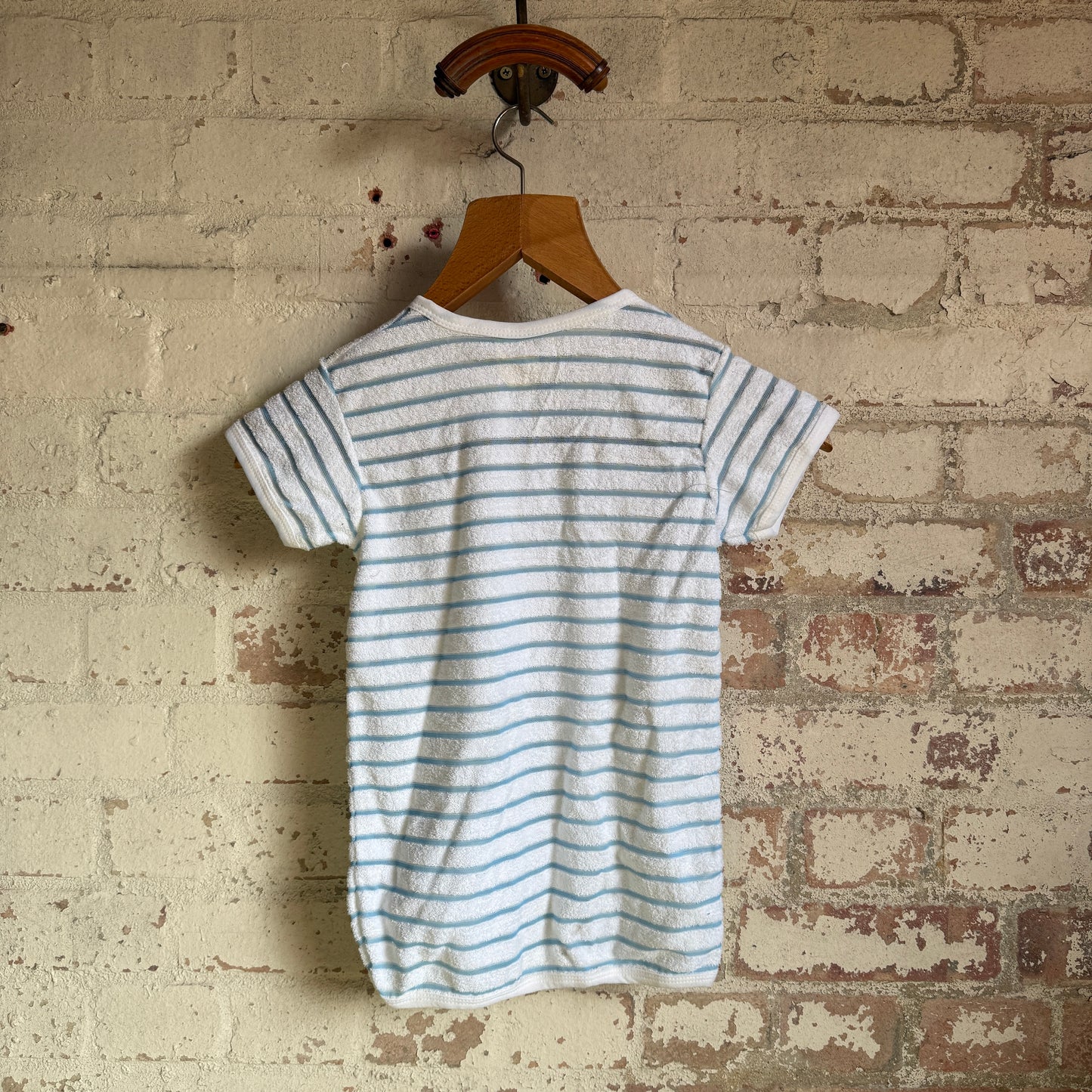 1970s Baby Blue White Towelling Striped T-Shirt