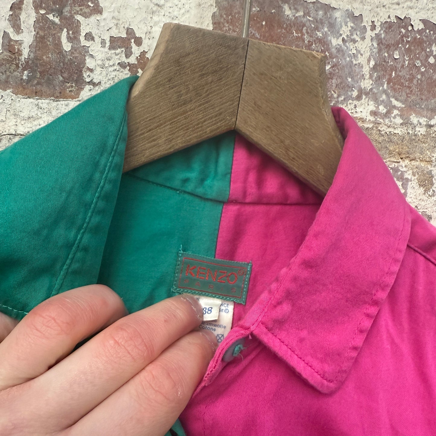 1980s Kenzo Green and Pink Button Up 'Jester' Shirt