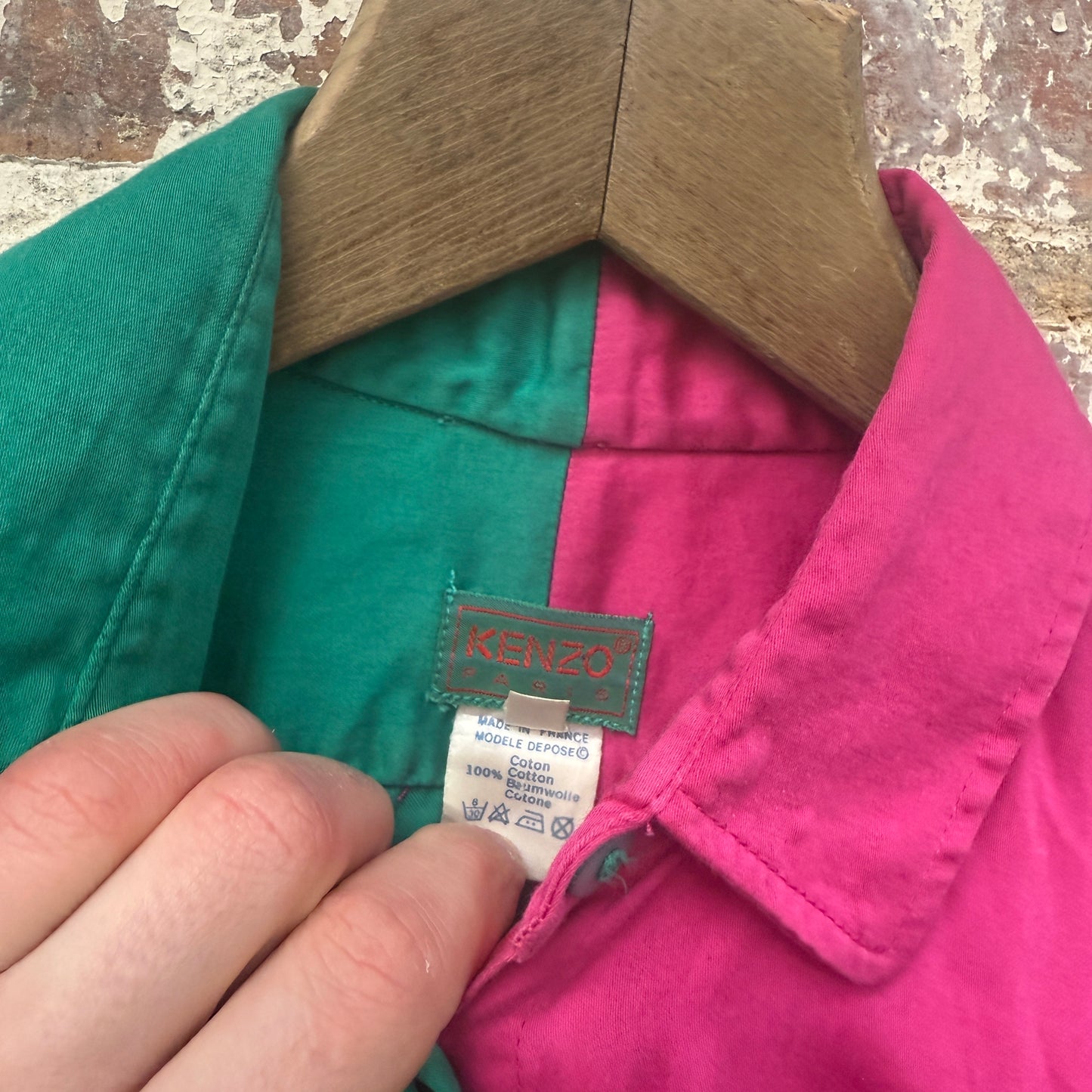 1980s Kenzo Green and Pink Button Up 'Jester' Shirt