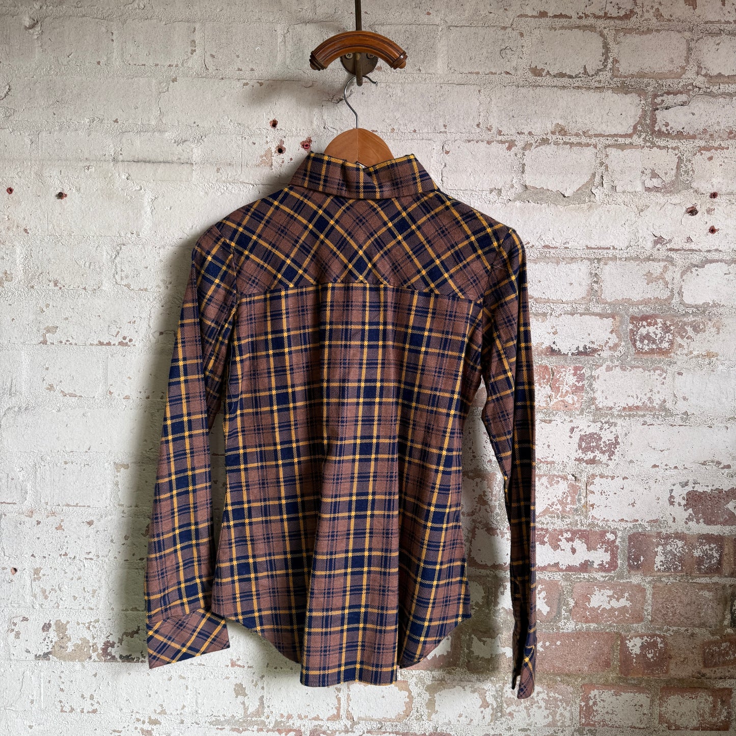 1970s Brown Checkered Dagger Collar Shirt