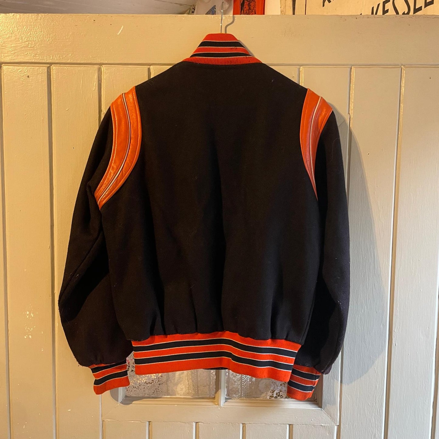 1980s Black and Orange Wool Varsity College Bomber Jacket