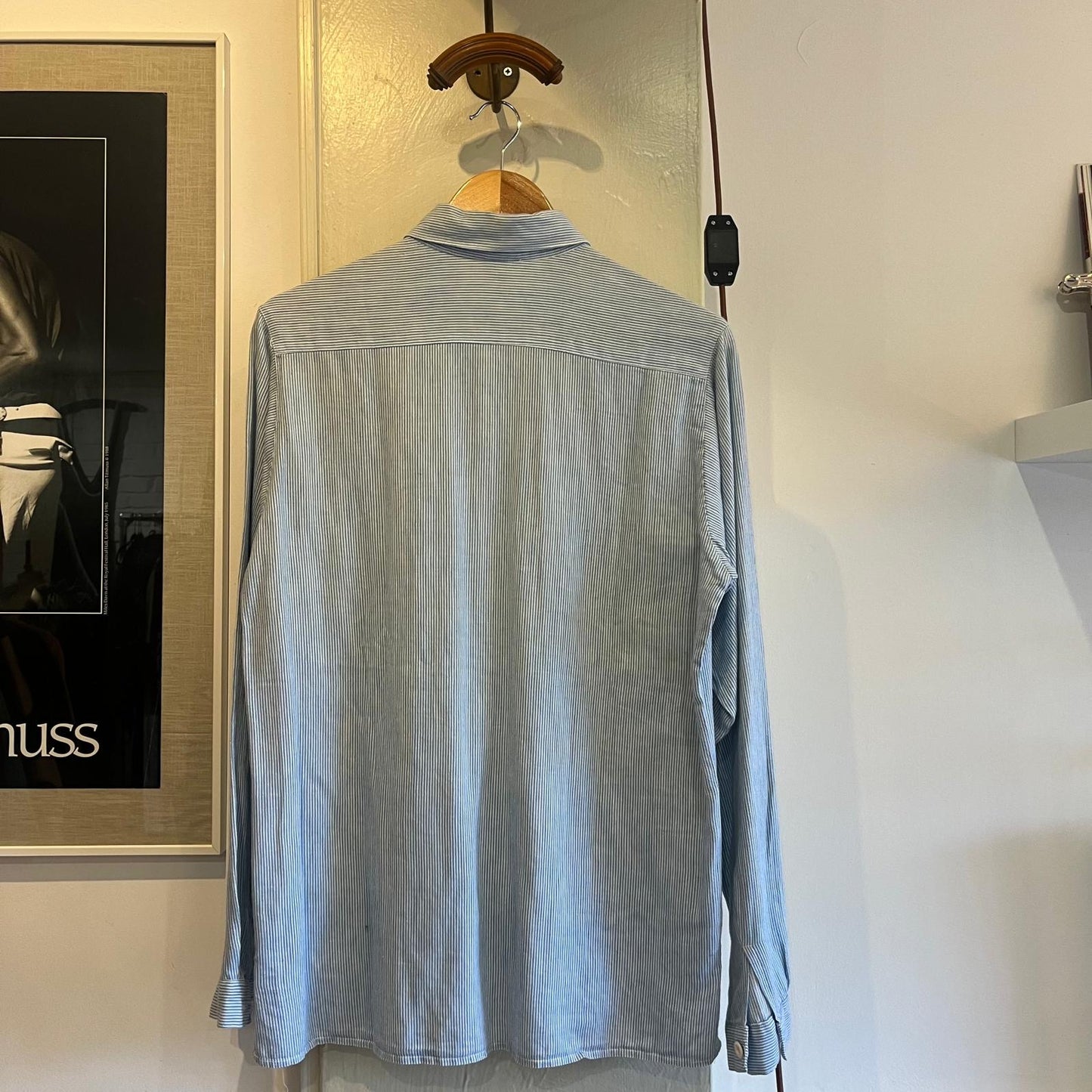 1970s Striped Baby blue Long Sleeve Shirt with Large Pocket Detail