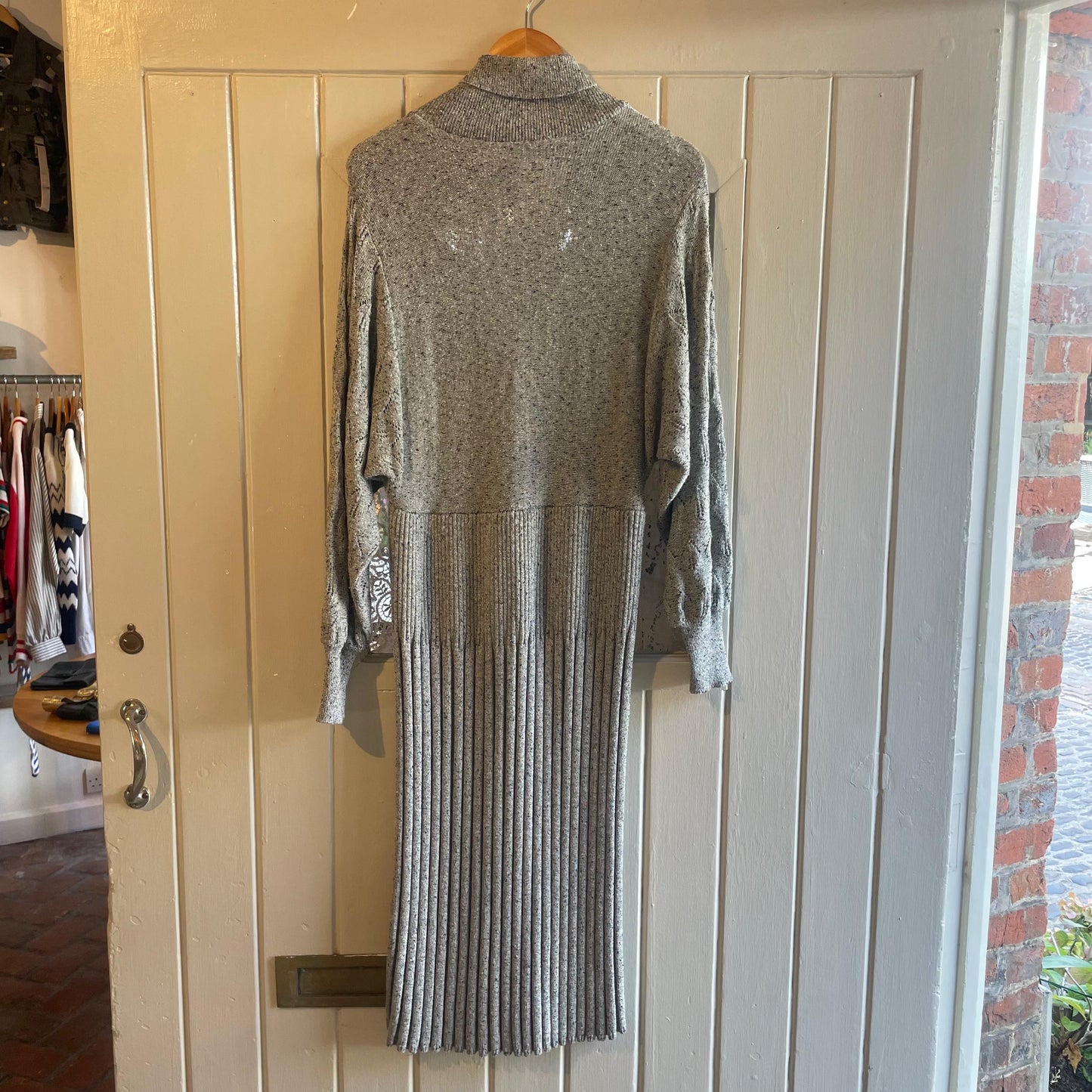 1970s Unusual Grey Design Knitted Long Shawl Collar Dress