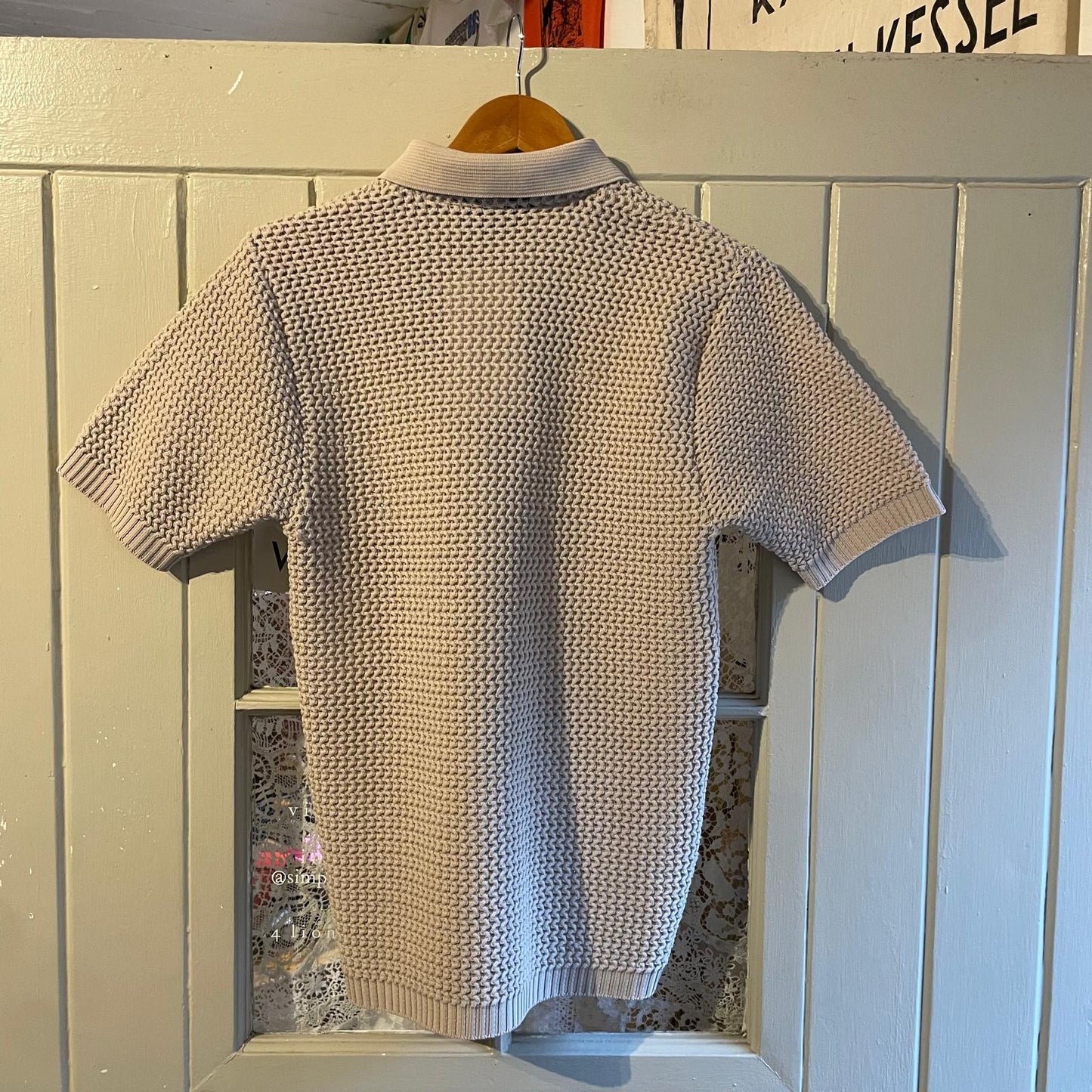 1970s Beige Netting Knitted Polo Shirt Top