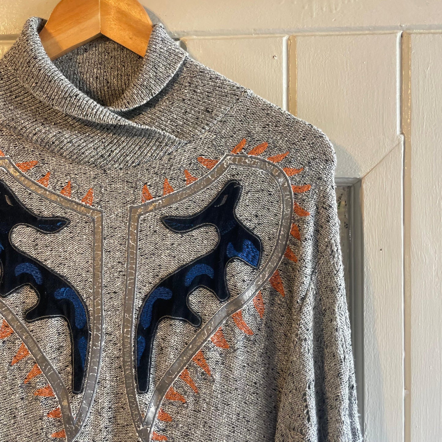 1970s Unusual Grey Design Knitted Long Shawl Collar Dress