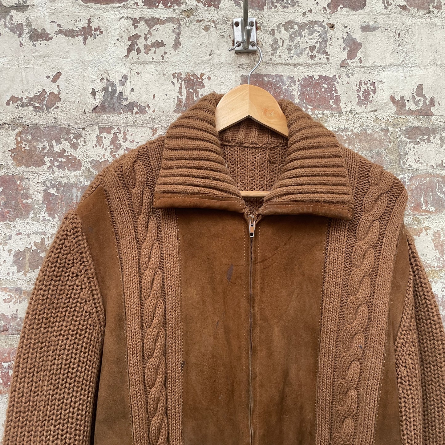 Vintage 1970s 1980s Suede Knitted Cardigan Jumper