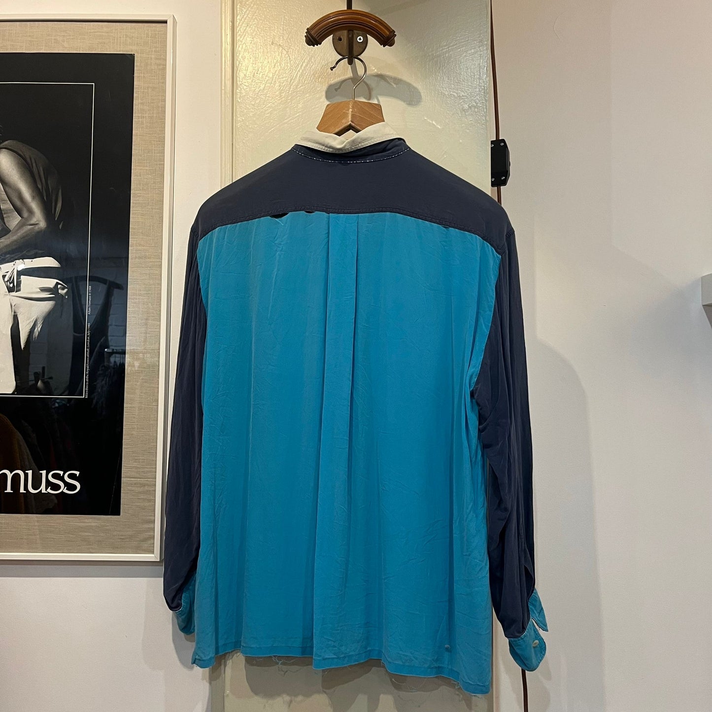 1970s Escada Blue Silk Button Up Shirt