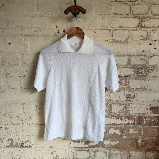 1970s White Textured Knitted Polo Shirt Top