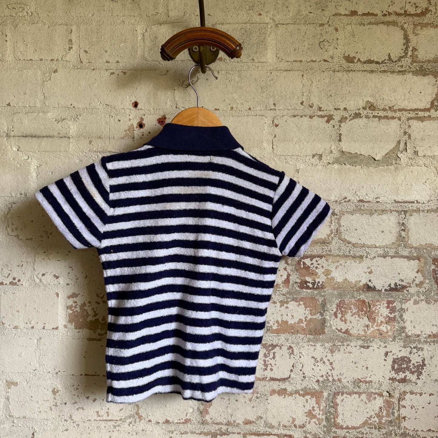 1970s Navy and White Stripe Towelling Polo Shirt Top