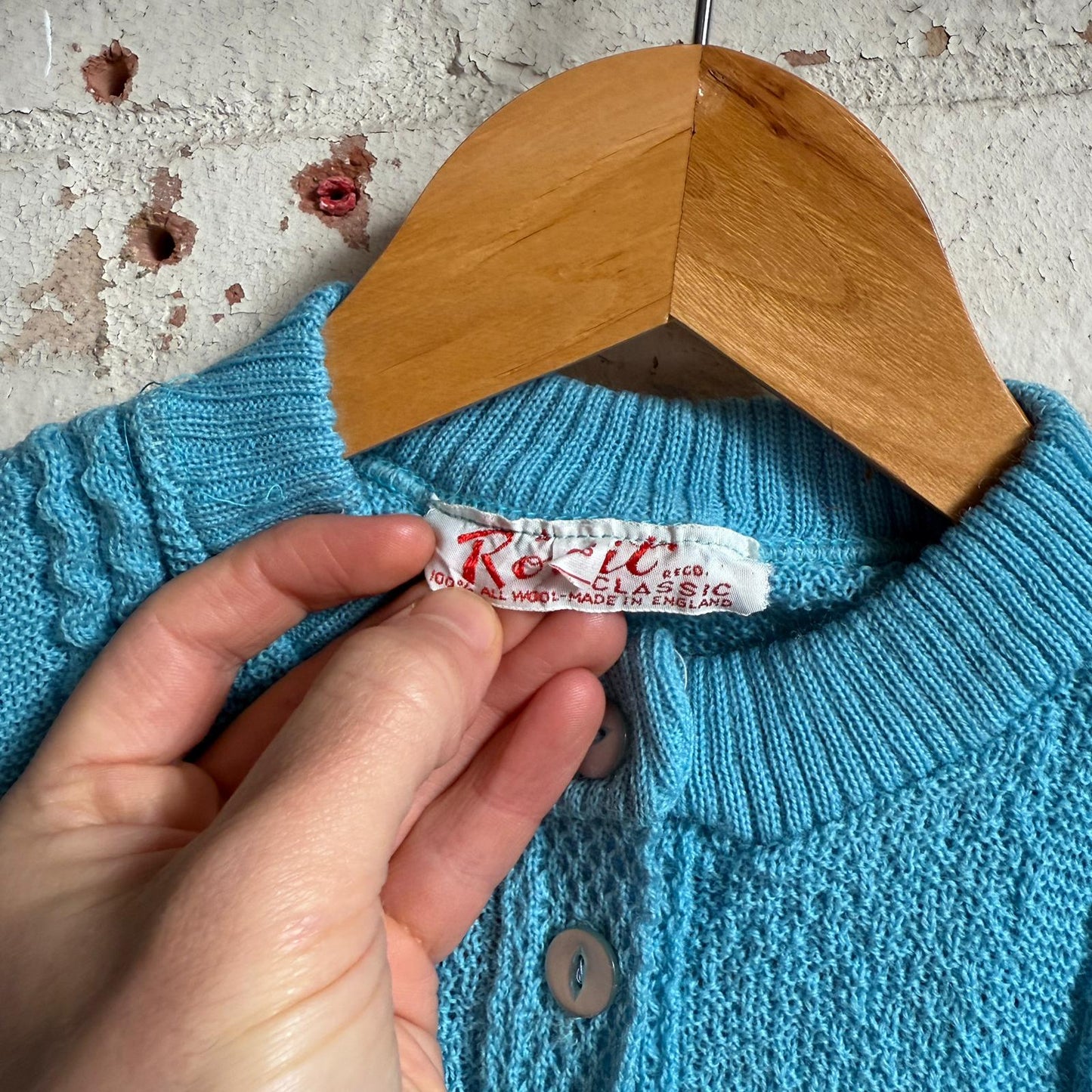 1950s Blue Wool British Knitted Cardigan