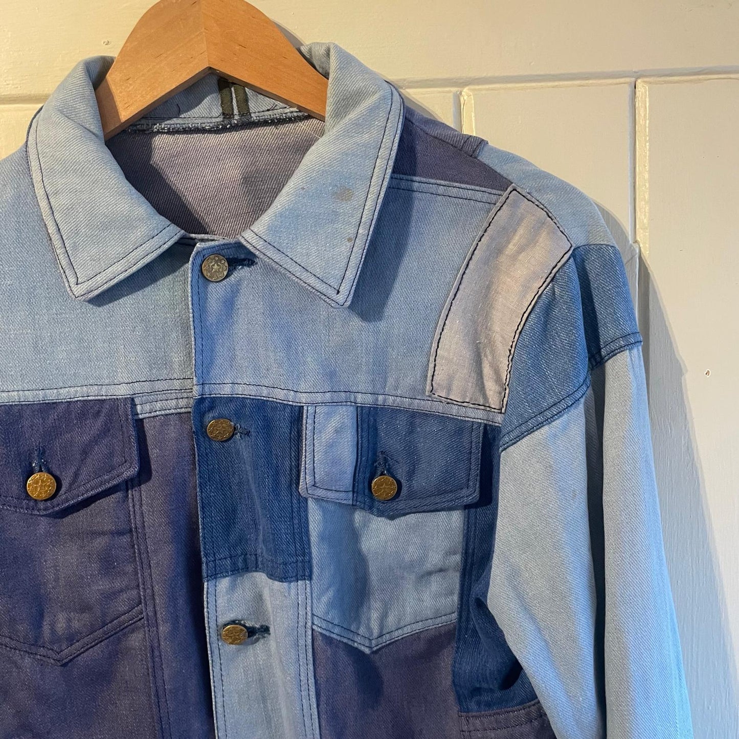 1970s Blue Patchwork Denim Trucker Jacket Coat