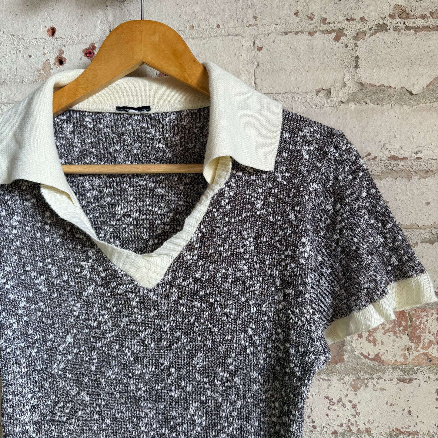 1970s Brown Knitted Open Collar Polo Shirt Top