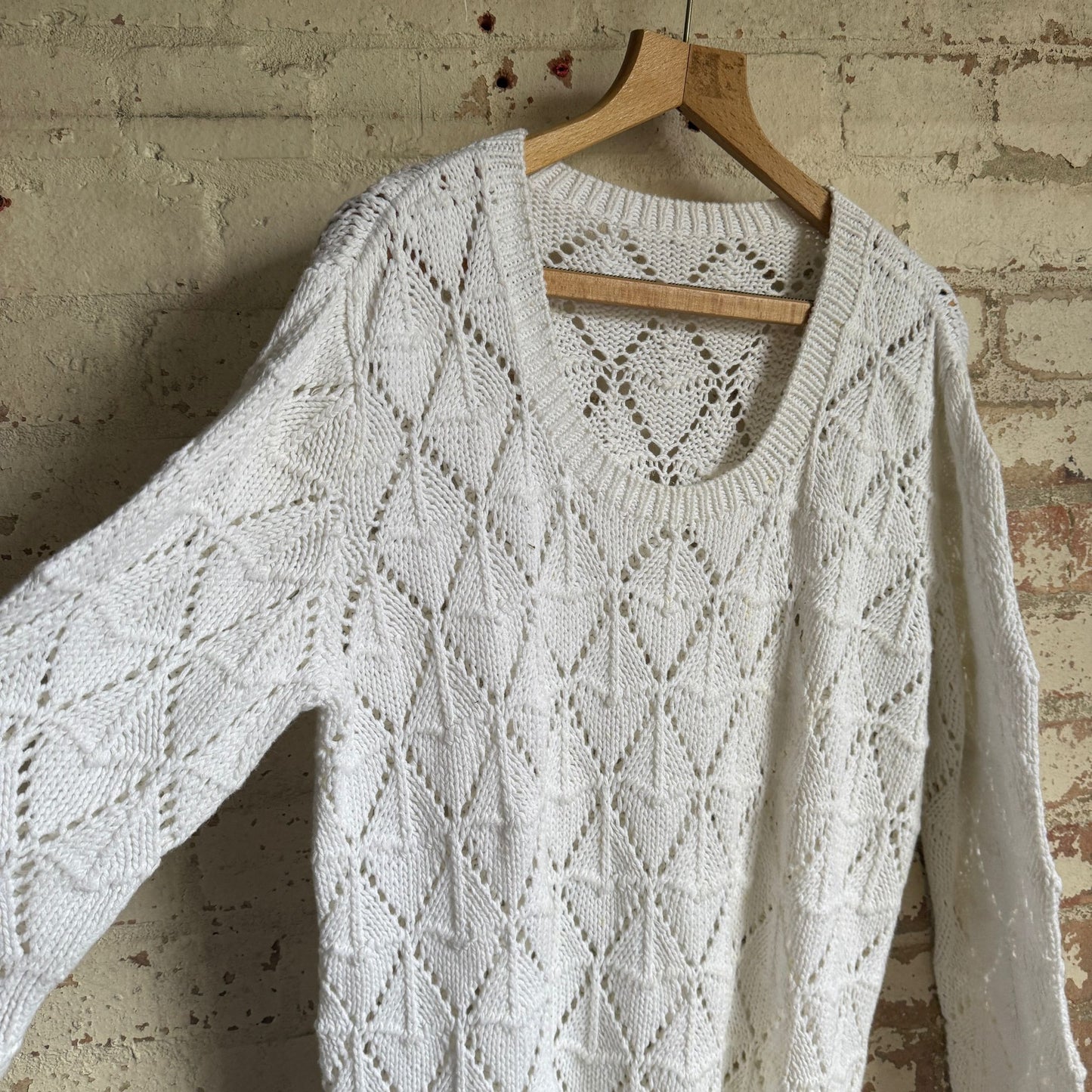1980s White Diamond Crochet Knitted Jumper