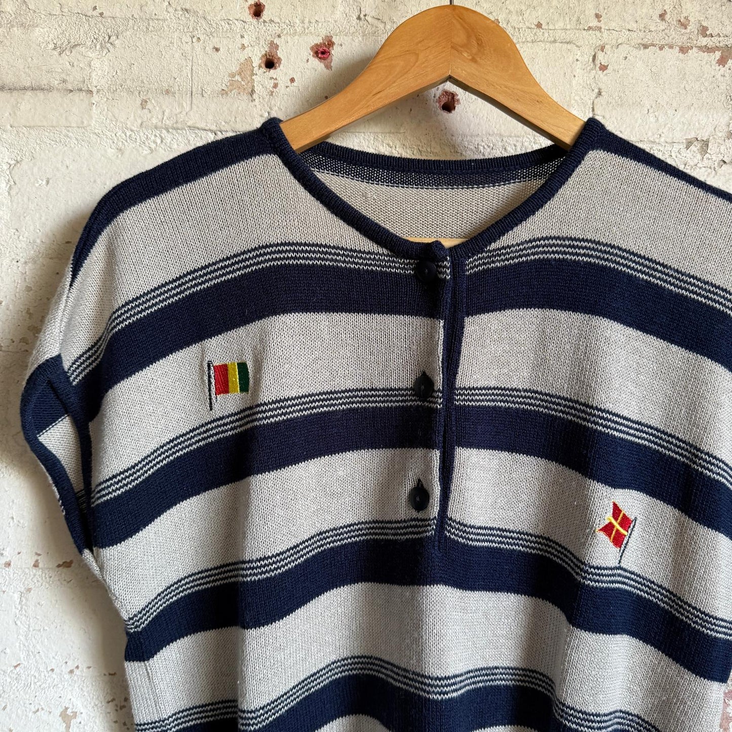 1980s Grey and Navy Knitted Stripe Jumper Top