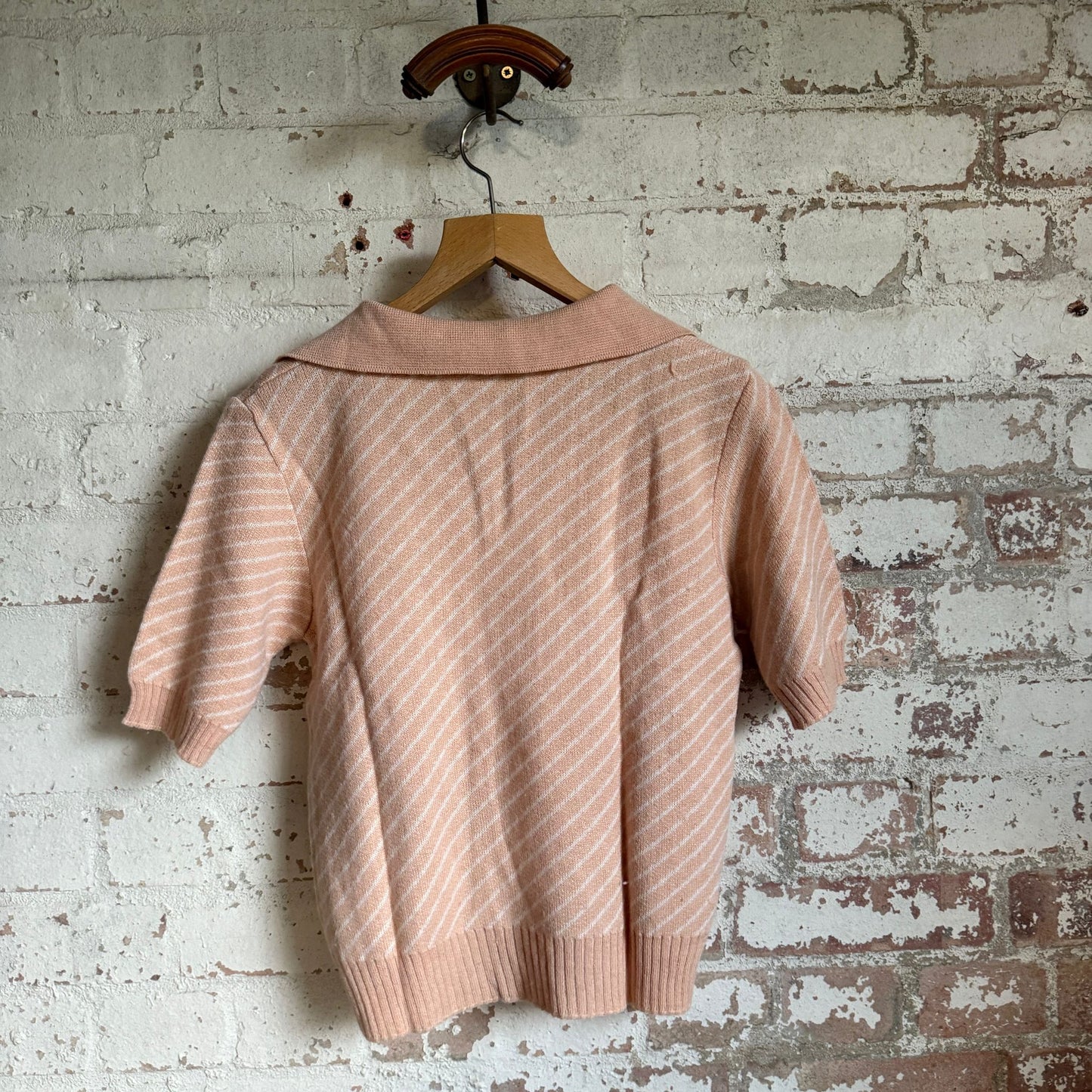 1970s Peach Italian Knitted Striped Polo Shirt Top