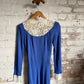 1970s Blue Ann Reeves Cotton Embroidered Button Long Dress