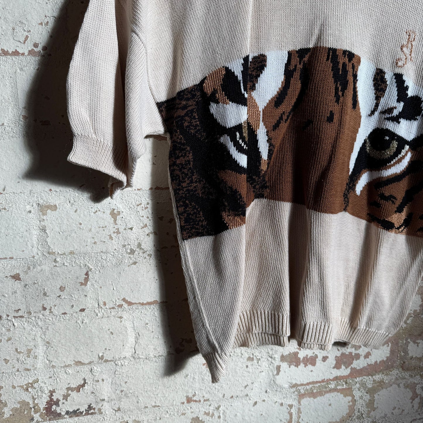 1980s Beige Knitted Tiger Print T-shirt Jumper T-Shirt