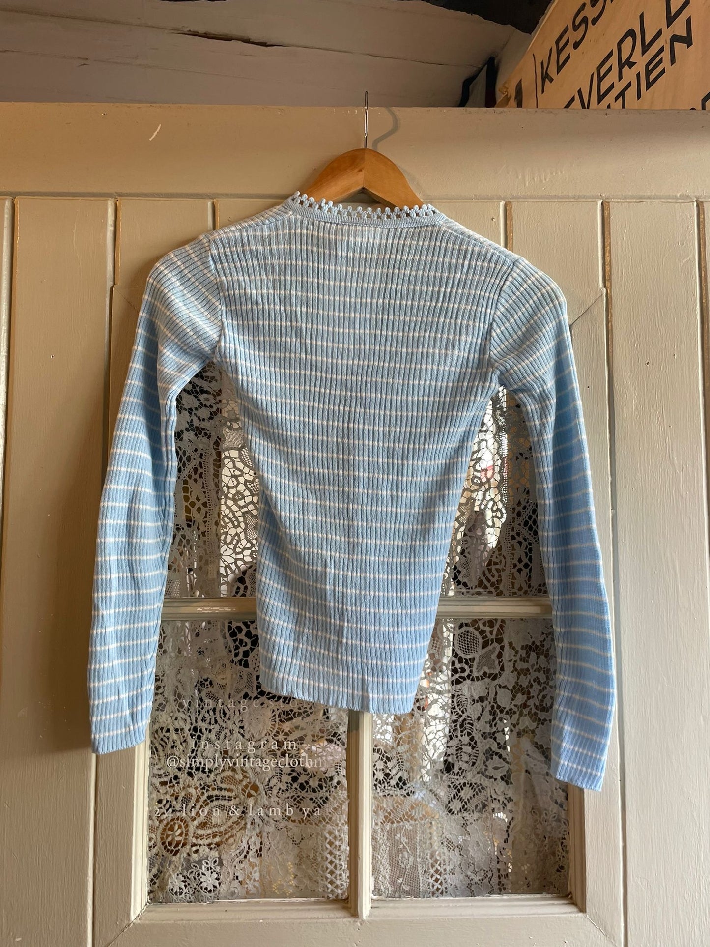 1970s Blue Striped Knitted Button Long Sleeve Top