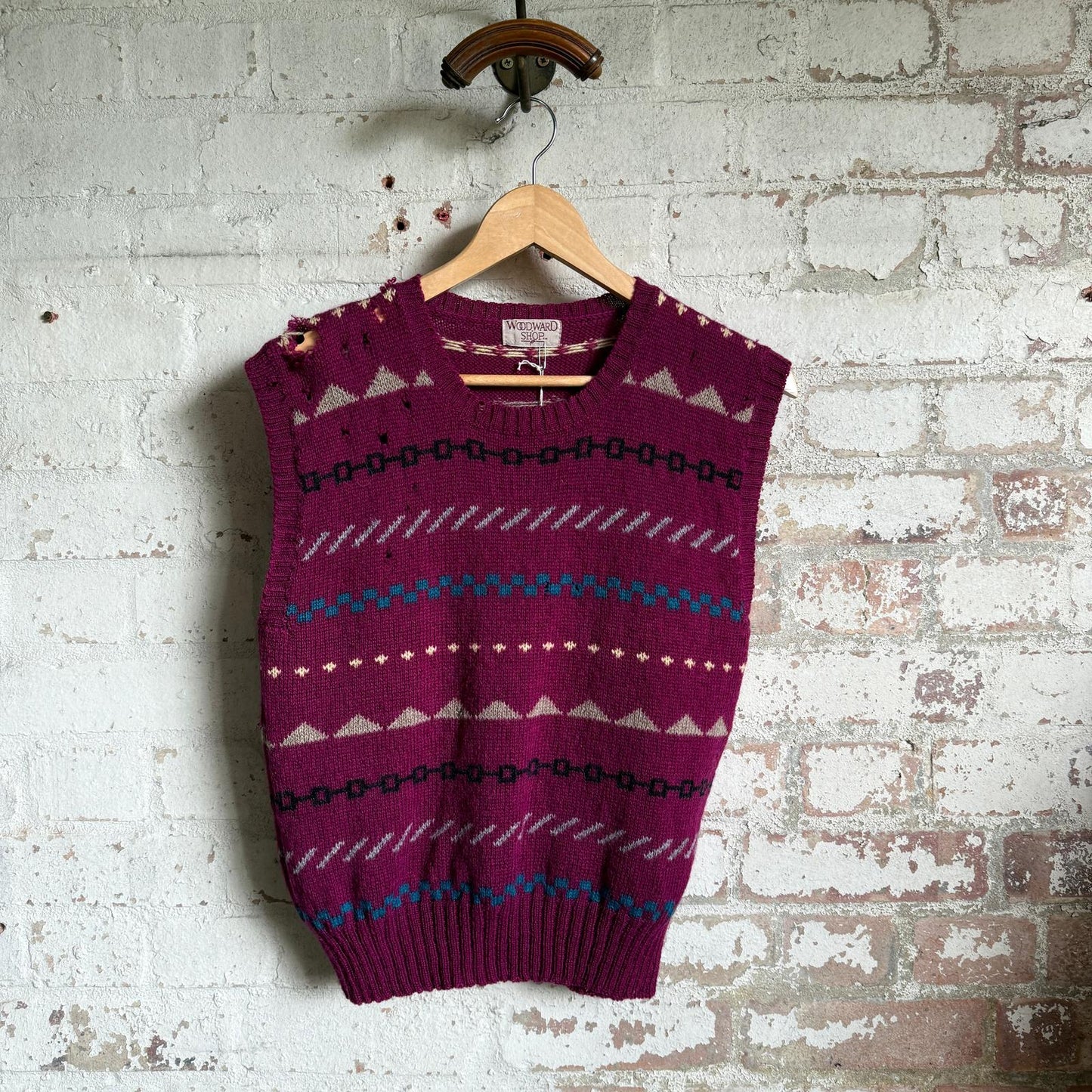 1980s Burgundy Patterned Knitted Tank Top Jumper