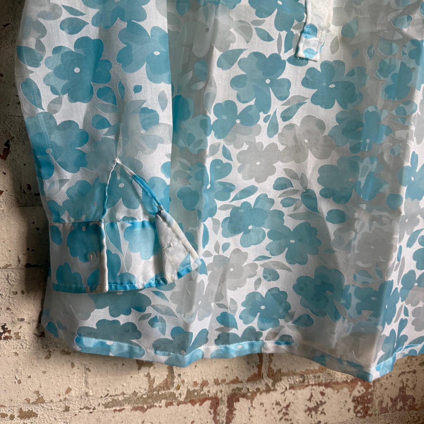 1970s Blue Floral Sheer Mini Dress Shirt