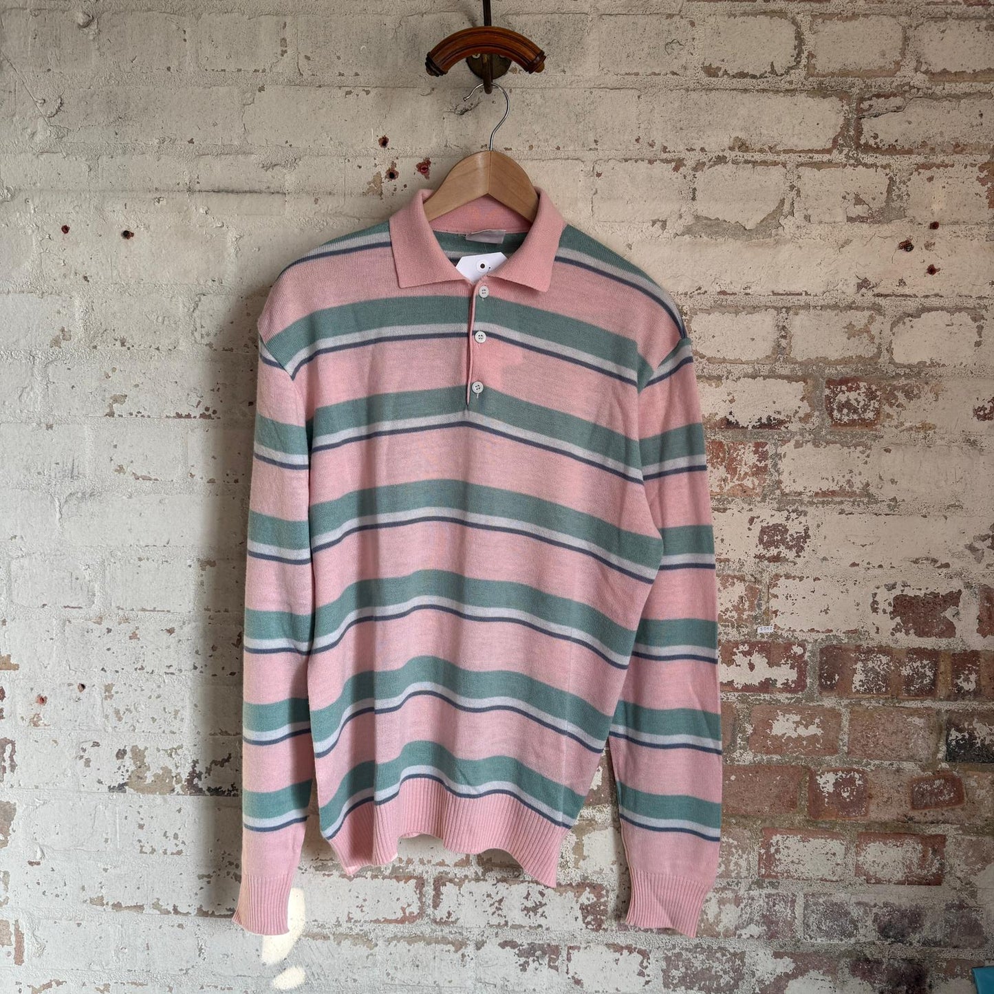 1980s Pink and Green Striped Polo Shirt Long Sleeve