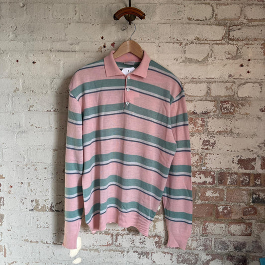 1980s Pink and Green Striped Polo Shirt Long Sleeve