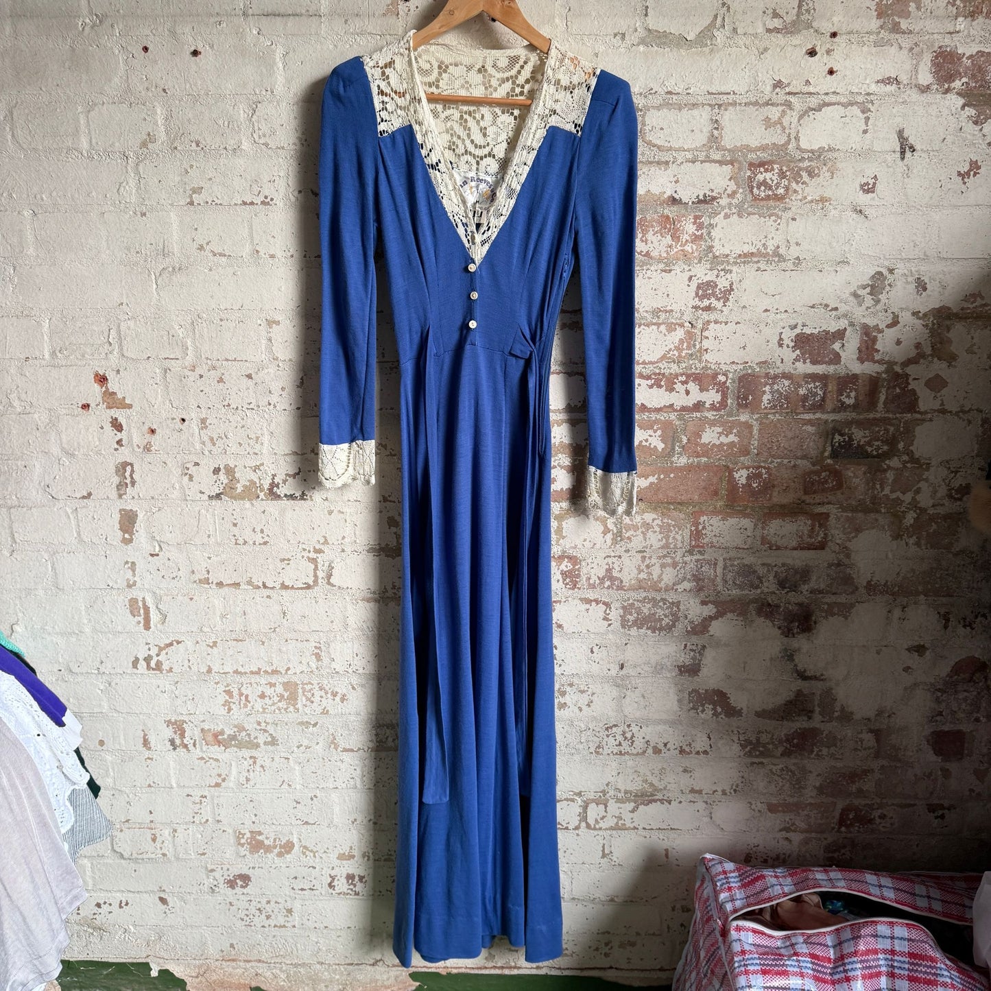 1970s Blue Ann Reeves Cotton Embroidered Button Long Dress