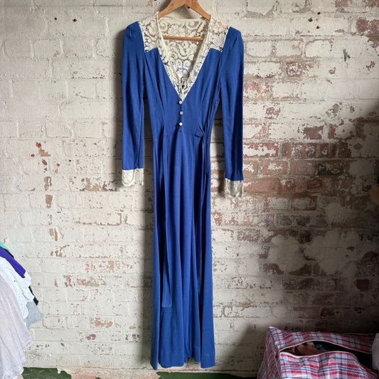 1970s Blue Ann Reeves Cotton Embroidered Button Long Dress