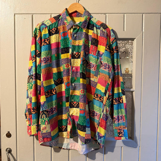 1980s Multicoloured Patchwork Long Sleeve Button Up Shirt