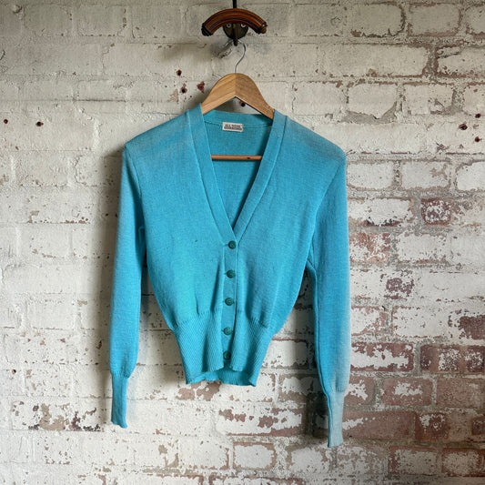 1950s Blue Sun Faded Wool Knitted Cardigan Jumper