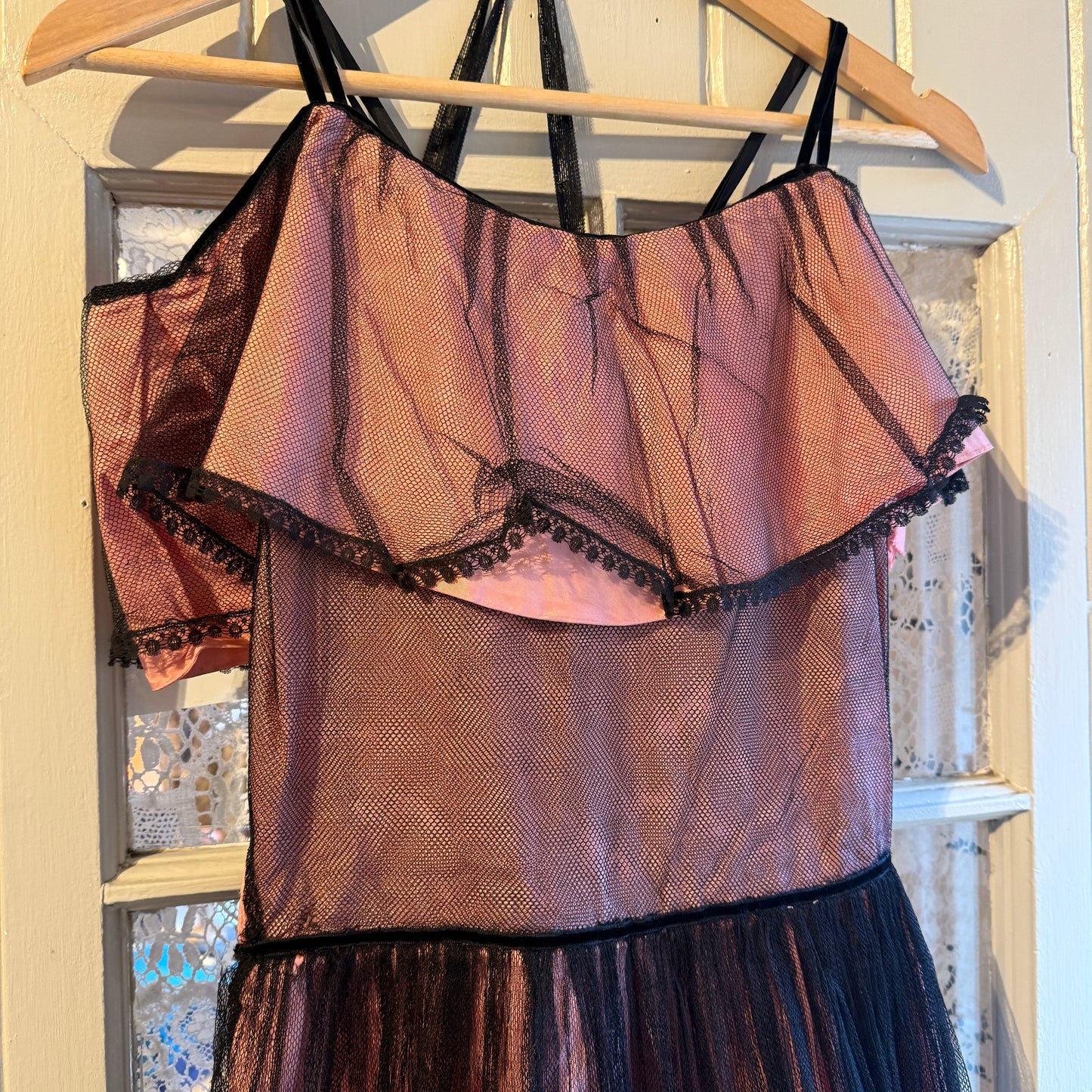 1930s 1940s Pink Netting Evening Dress with bag