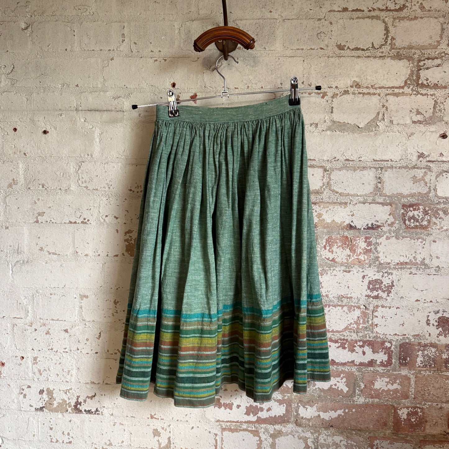 1970s Green Heavy Linen Stripe Gathered Skirt