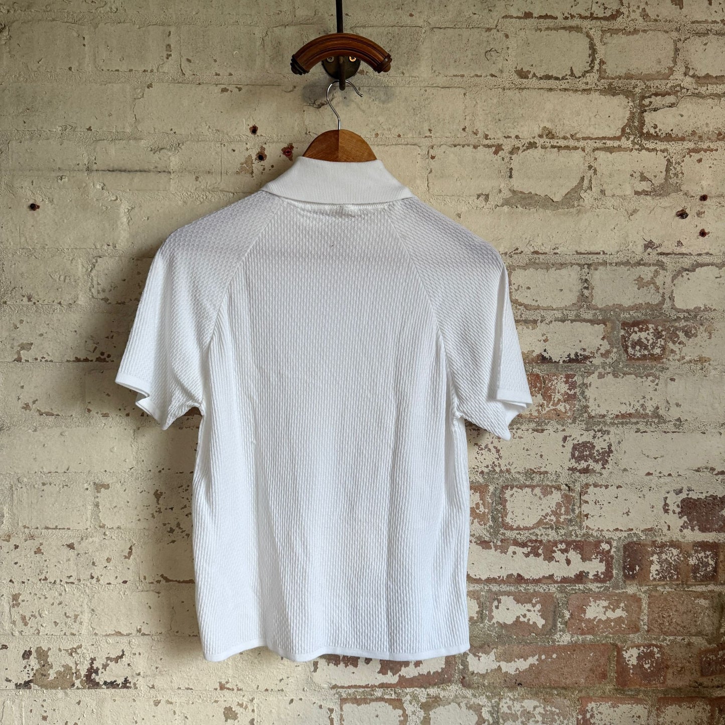 1970s White Textured Knitted Polo Shirt Top