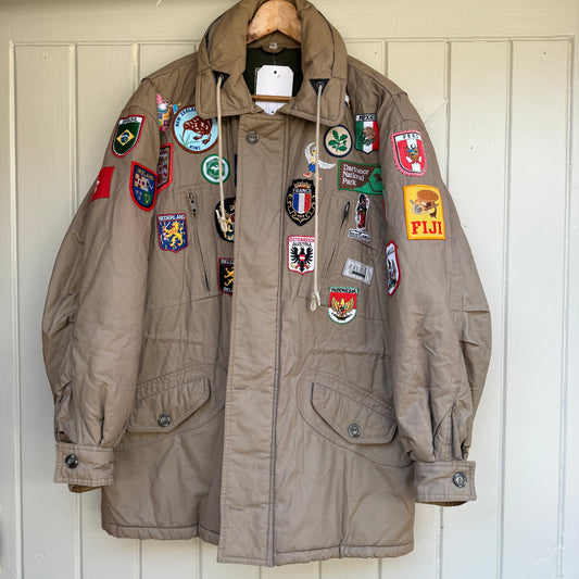 1980s Padded Beige Badged Walking Jacket