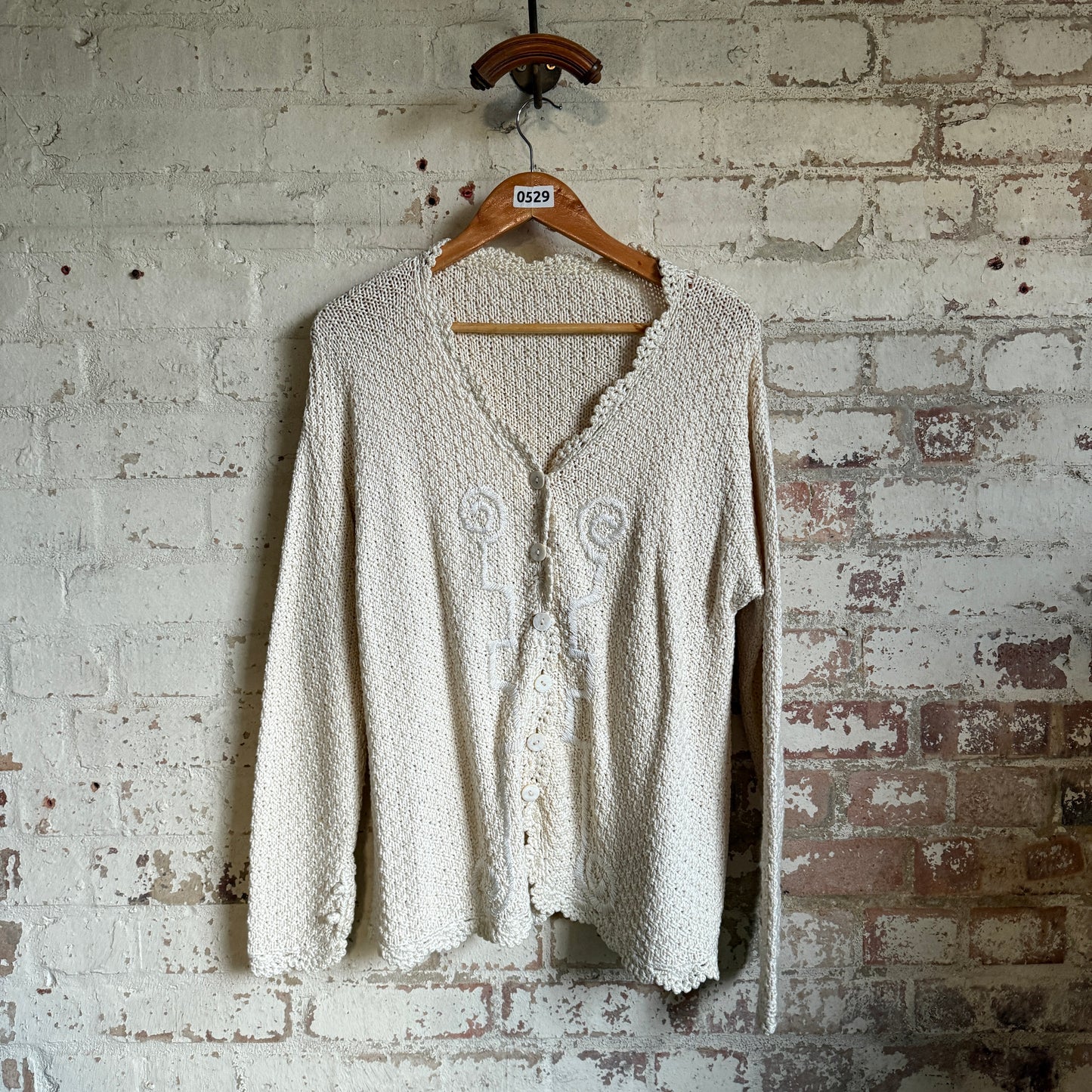 1980s Cream Cotton Knitted Cardigan Jumper