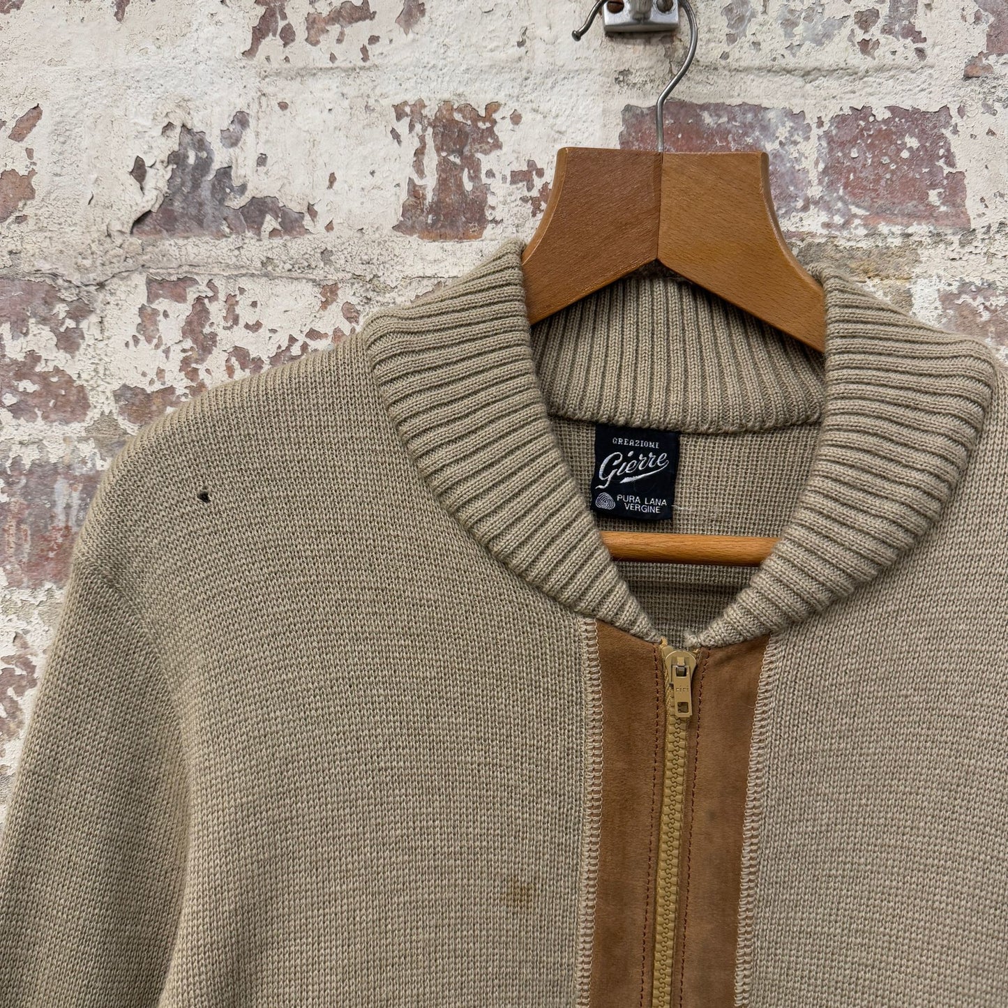 1970s Beige Italian Knitted Suede Zip Up Track Top Jumper