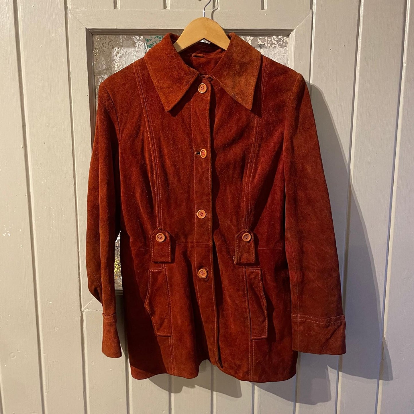 1970s Burnt Orange Suede Leather Dagger Collar Jacket
