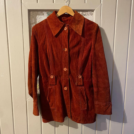 1970s Burnt Orange Suede Leather Dagger Collar Jacket