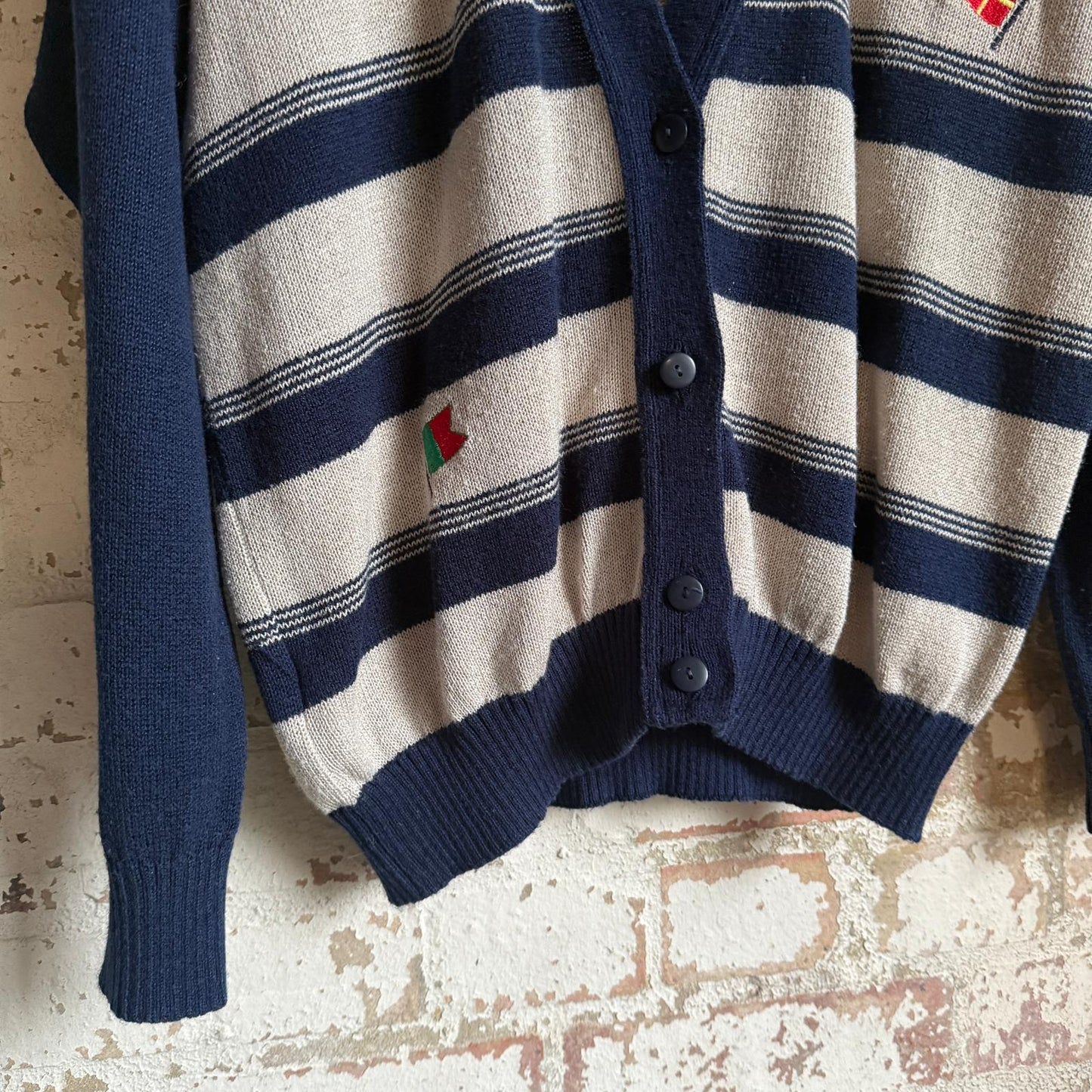 1980s Navy and Beige Striped Cardigan Jumper