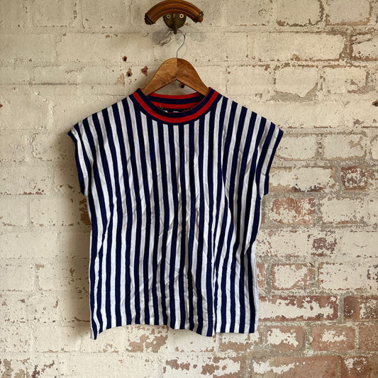 1970s Navy Striped Sleeveless Vest Top
