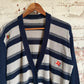 1980s Navy and Beige Striped Cardigan Jumper