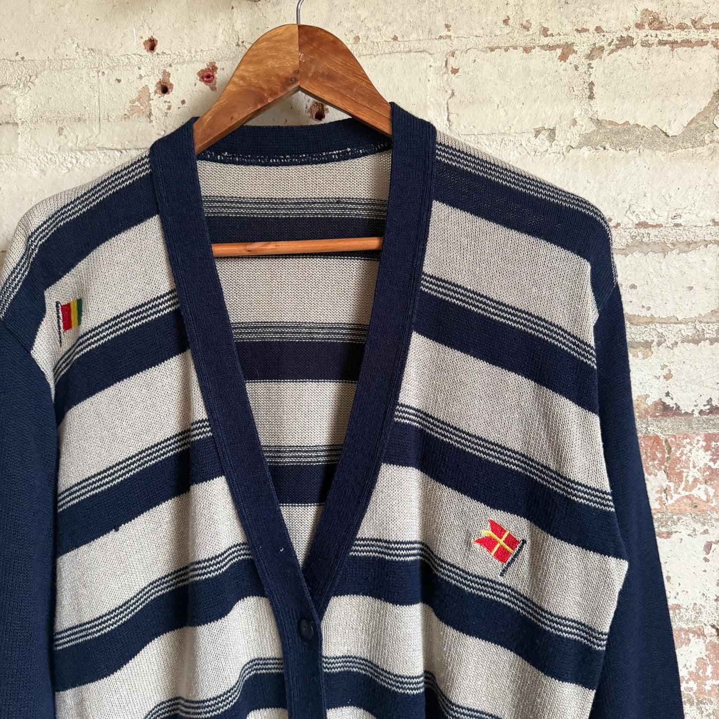 1980s Navy and Beige Striped Cardigan Jumper